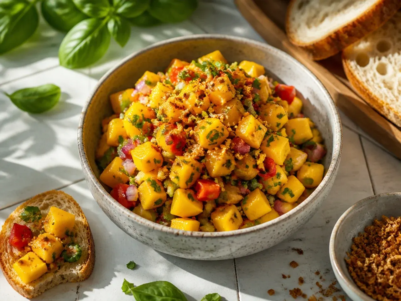 Vibrant orange and red mango salsa in a bowl served alongside grilled prawns