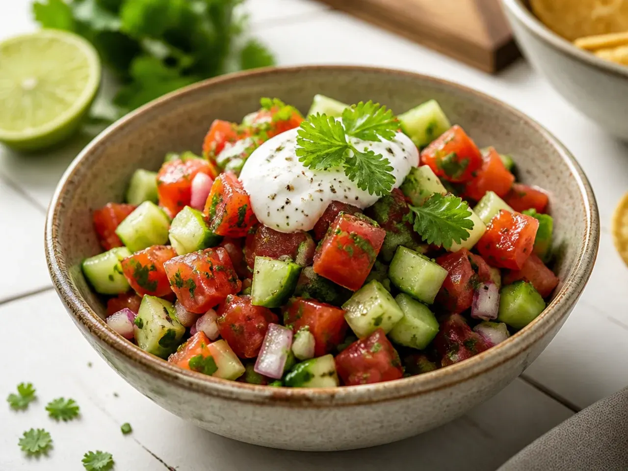 Fresh salsa with visible diced cucumber and tomato pieces in a glass bowl
