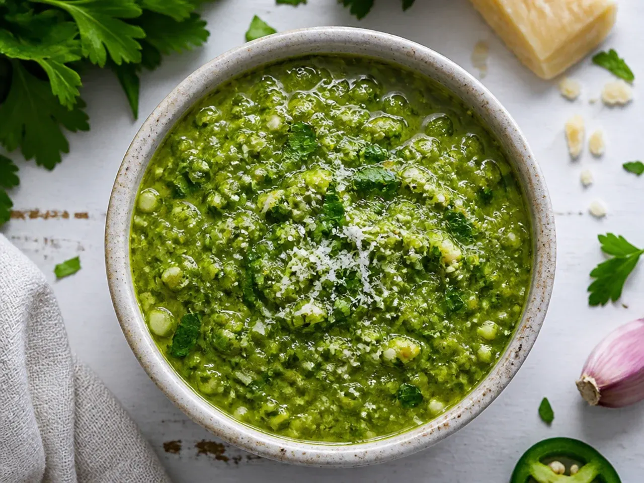 Blender filled with bright green raw tomatillo salsa verde