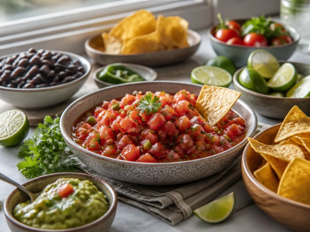 Spread of tortilla chips, guacamole and salsa laid out for a casual gathering
