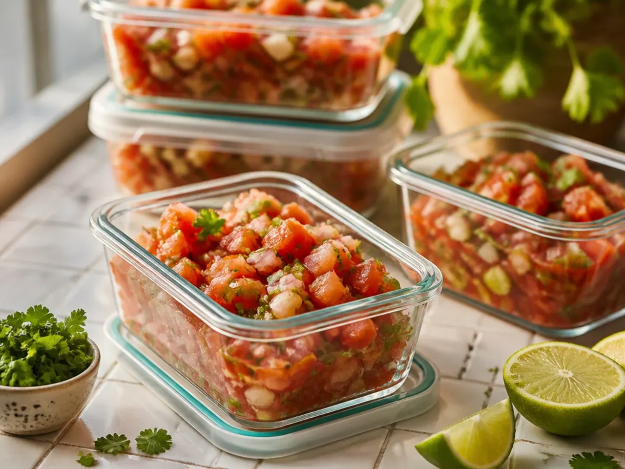 Airtight glass container of fresh salsa being sealed and placed in the fridge