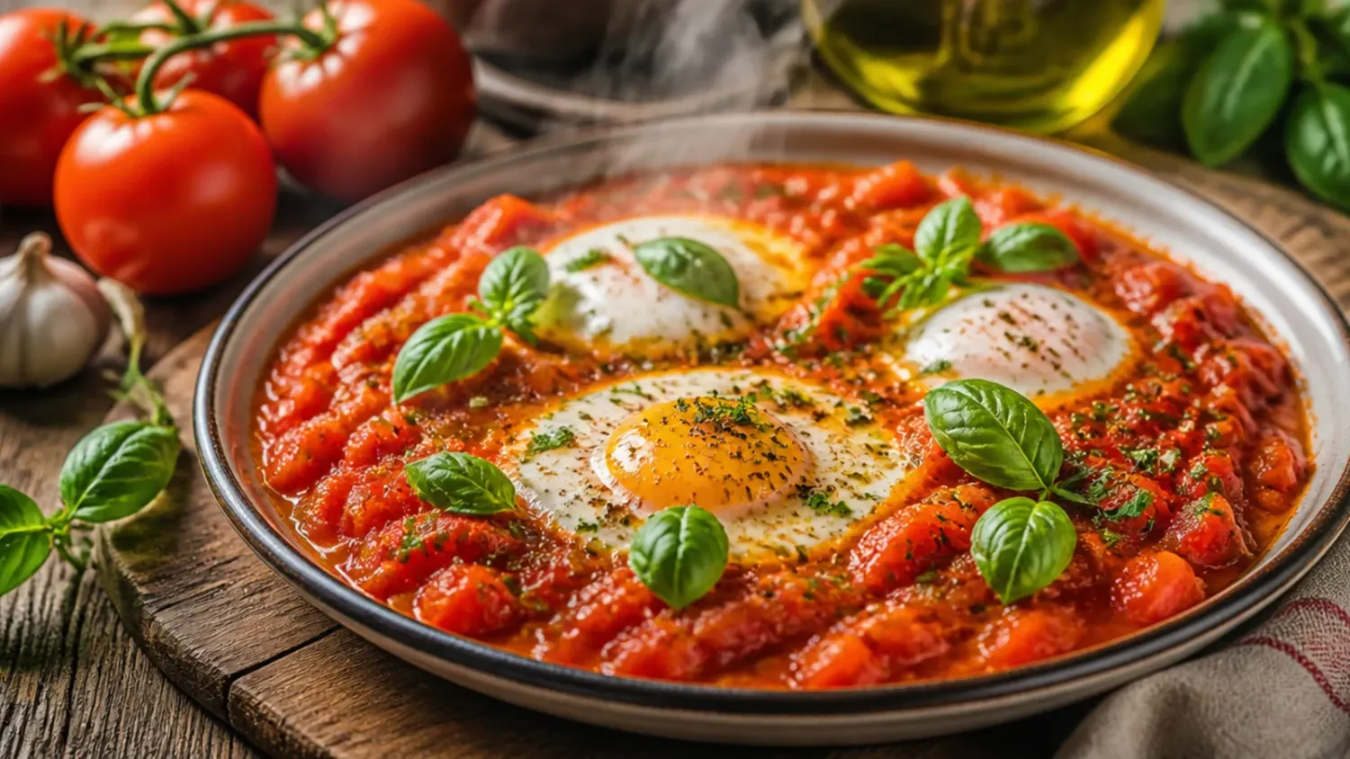 A wooden board piled with ripe red tomatoes, fresh basil leaves, and a bowl of homemade tomato sauce