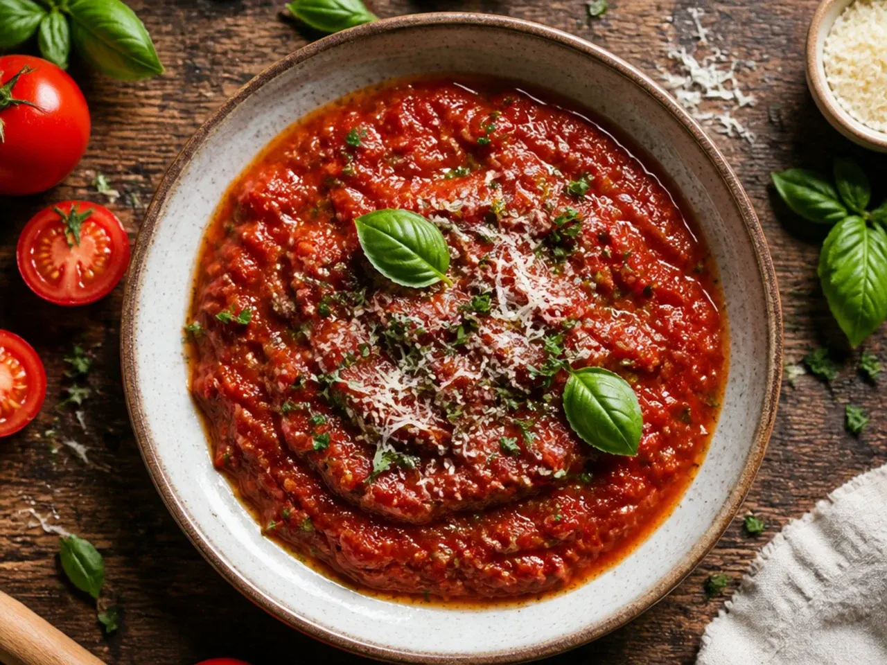 A pot of rich homemade tomato basil sauce simmering with torn basil leaves on top