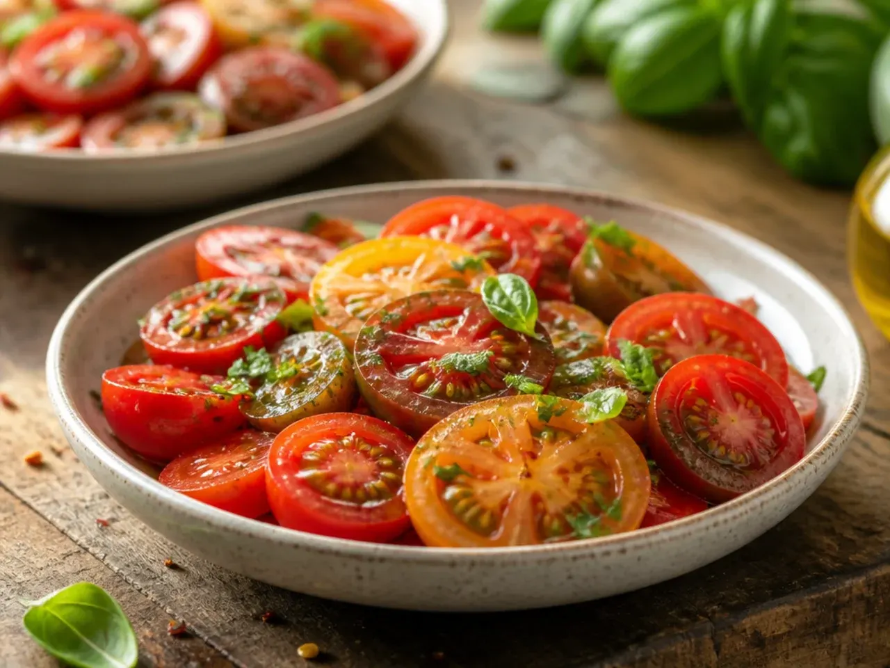 Wedges of ripe garden tomatoes tossed with basil and olive oil in a white bowl
