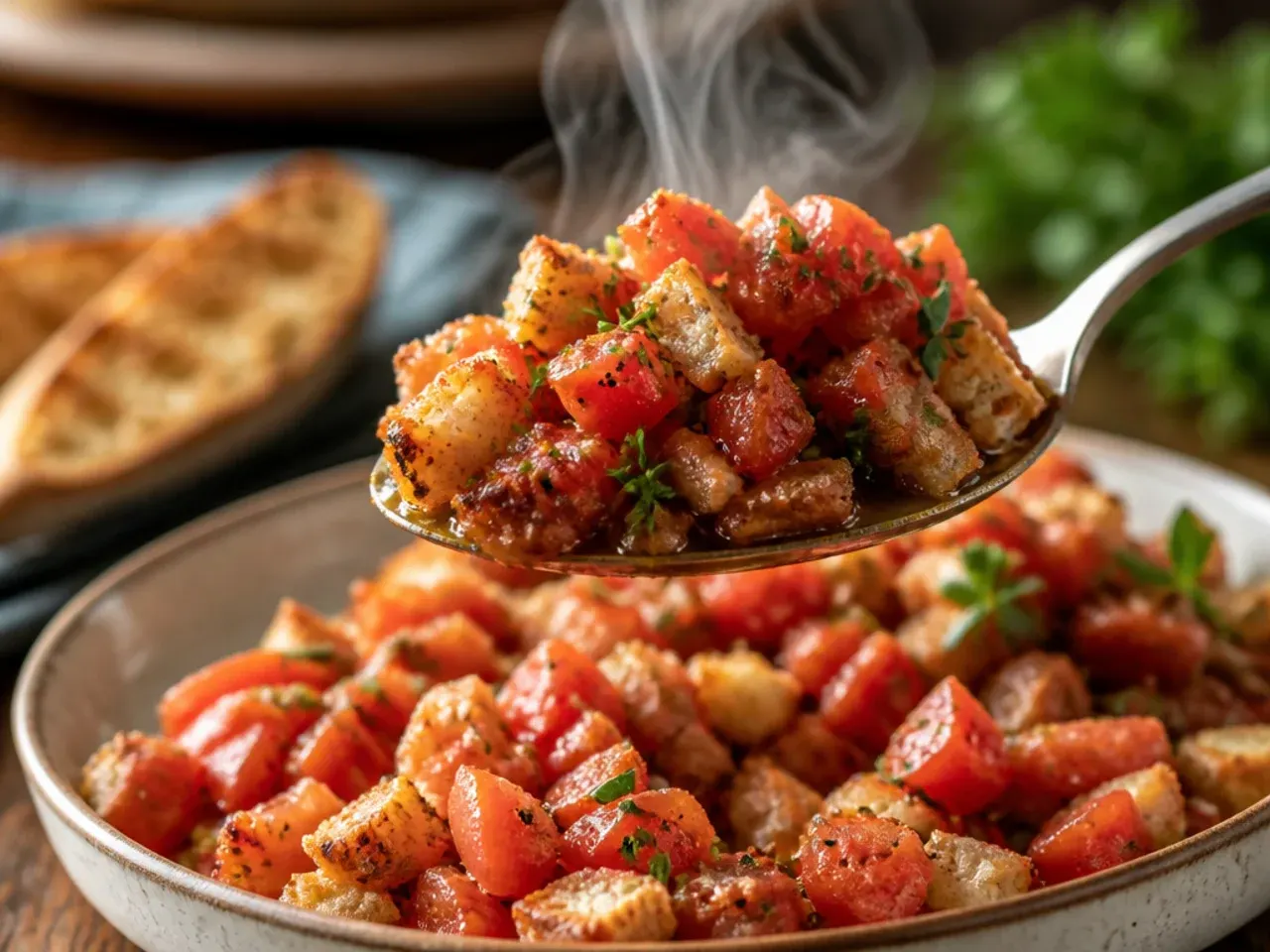 Slices of toasted bread topped with diced fresh tomato and basil bruschetta