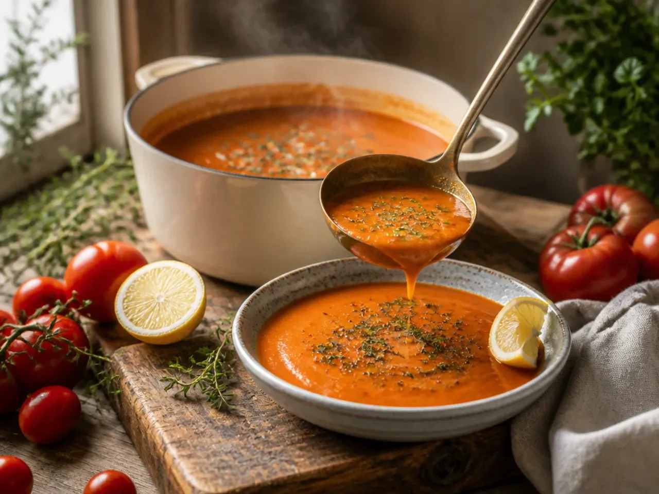 A bowl of creamy roasted tomato soup with a swirl of cream and fresh basil garnish