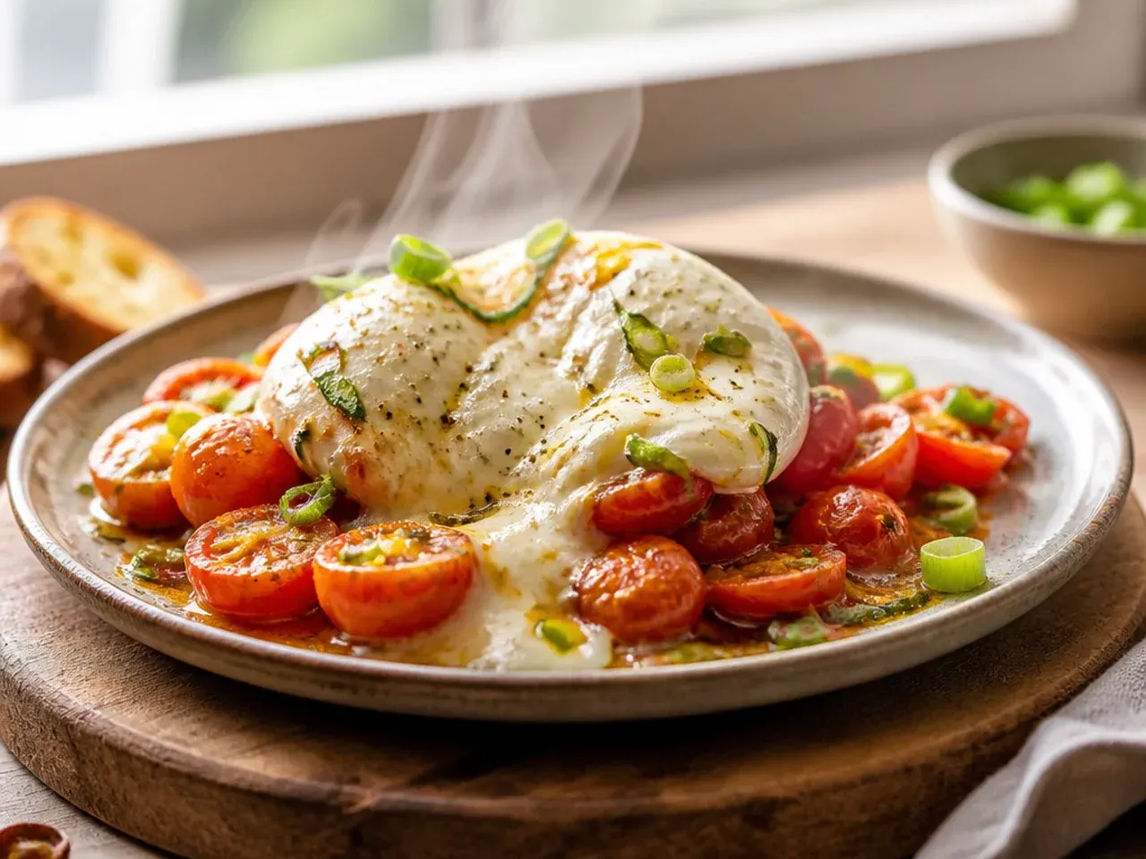 Sliced heirloom tomatoes topped with a torn ball of creamy burrata cheese and basil