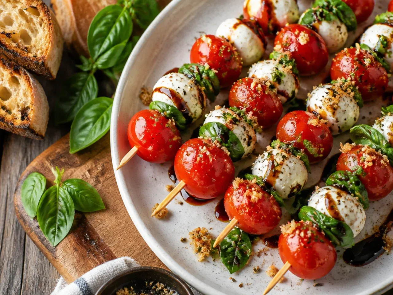 A platter of caprese skewers with cherry tomatoes, mozzarella balls, and basil leaves