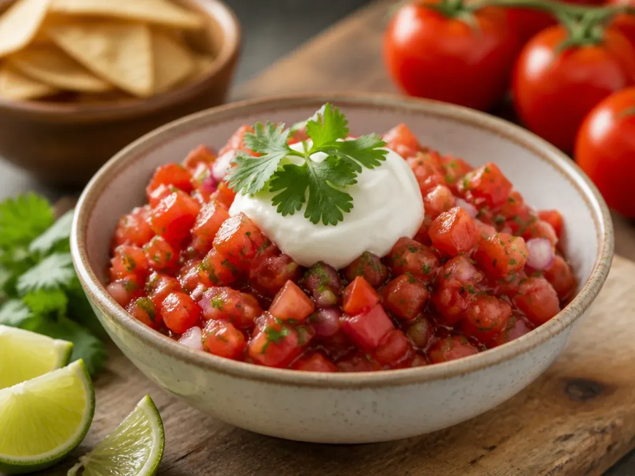 A bowl of fresh chunky tomato salsa with lime wedges and coriander on the side