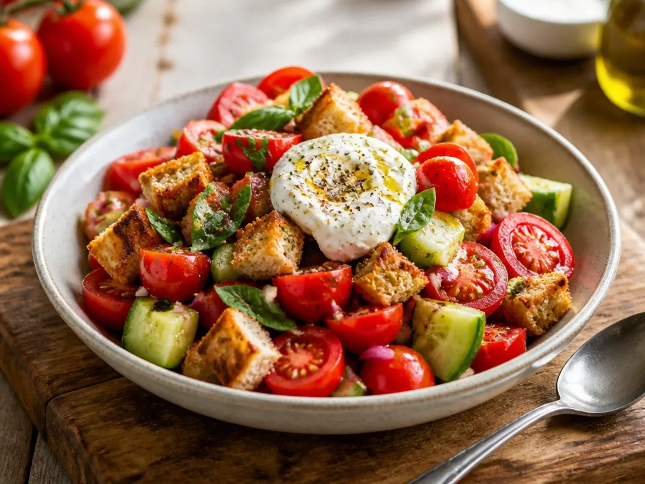 A rustic panzanella salad with toasted bread cubes, tomato chunks, and cucumber