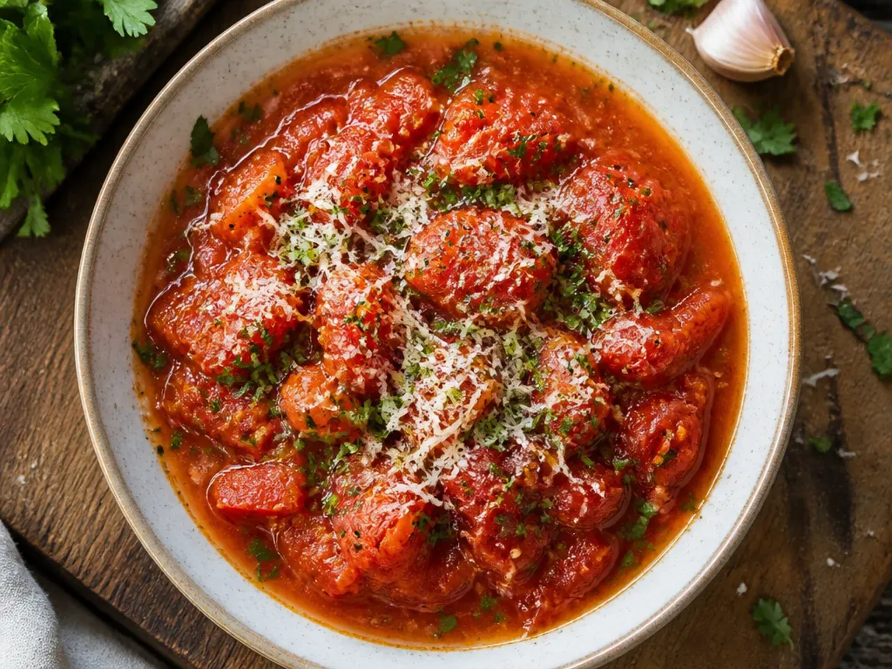 A pot of soft, jammy stewed tomatoes with onion and bay leaf