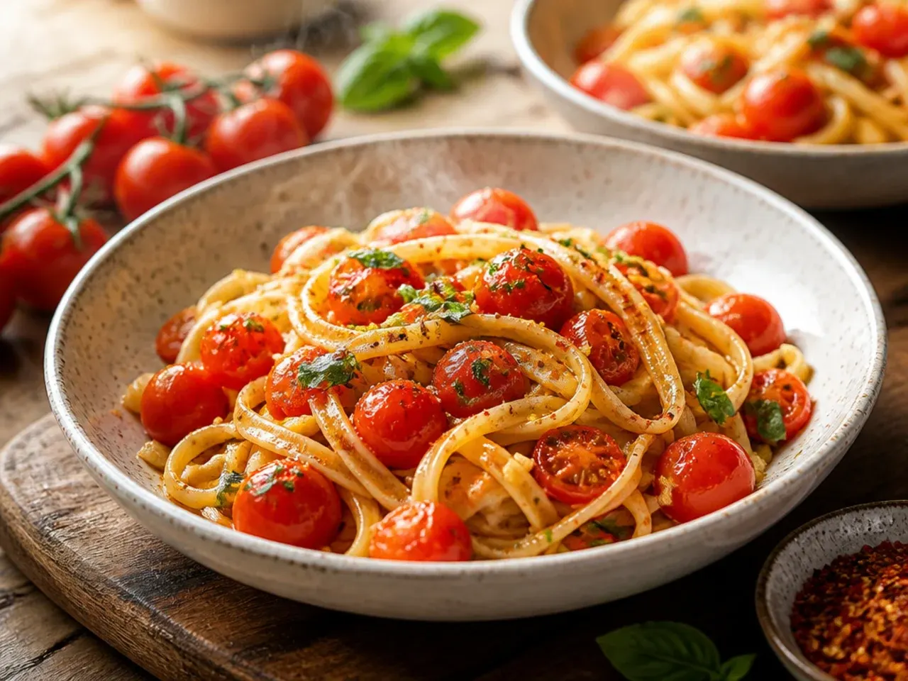 A skillet of pasta tossed with blistered cherry tomatoes and fresh herbs