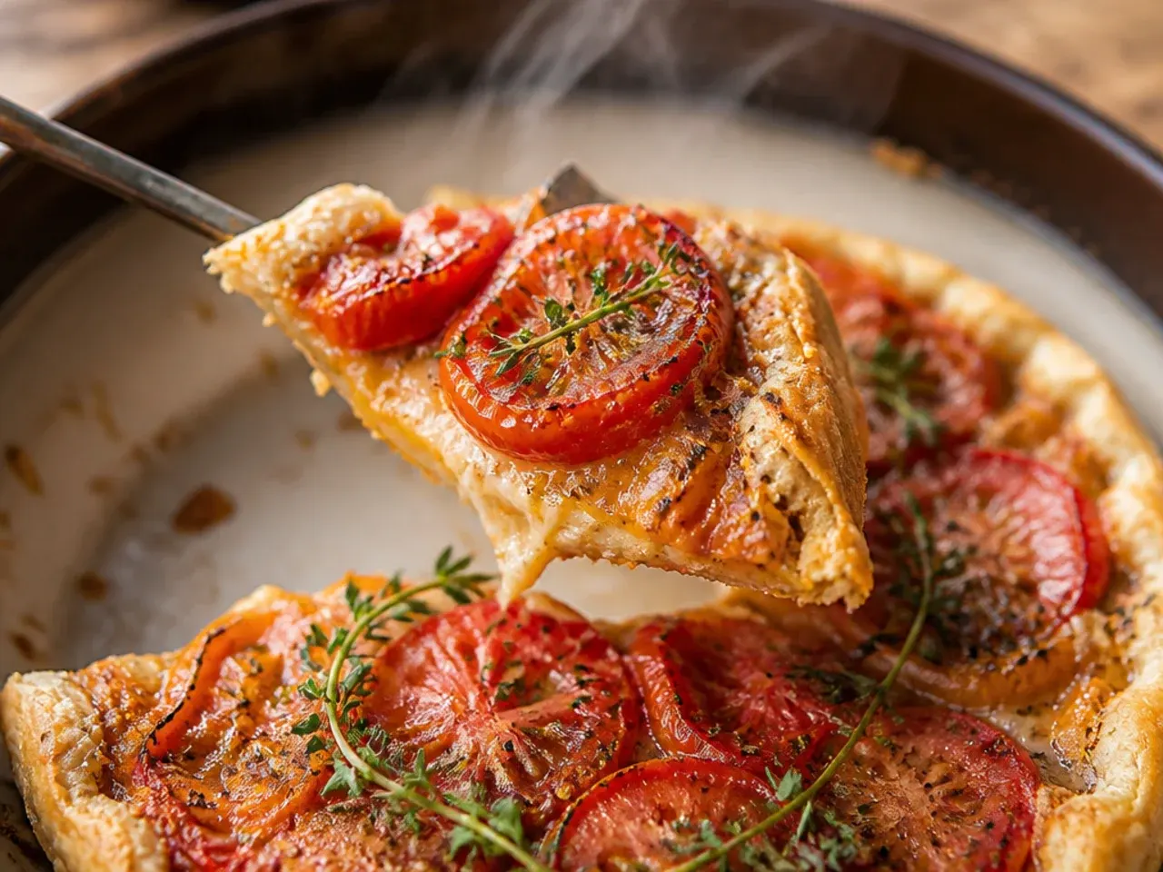 A golden rustic tomato galette with folded pastry edges fresh from the oven