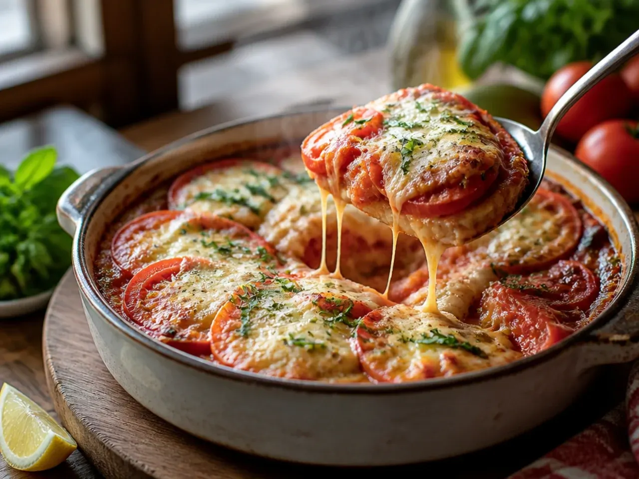 A slice of loaded tomato and cheese pie showing melted cheese and tomato layers