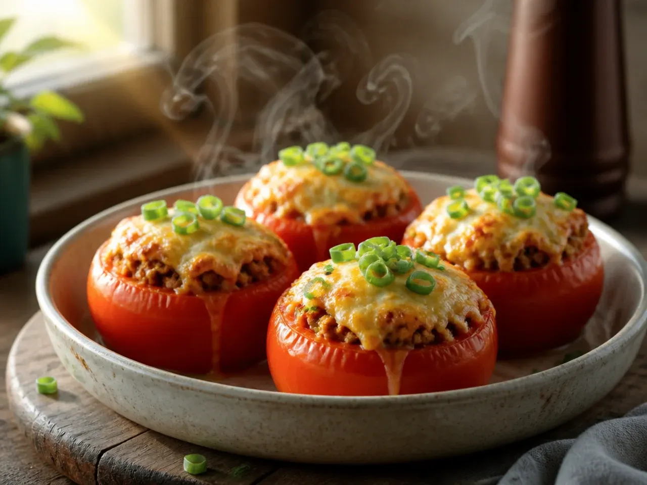 Baked stuffed tomatoes filled with rice, herbs, and melted cheese on a tray