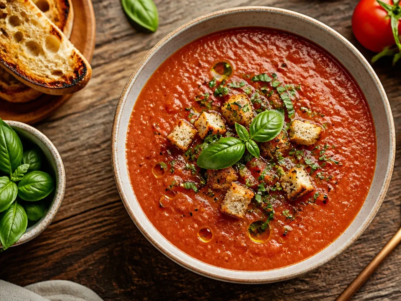 A glass bowl of chilled bright red gazpacho garnished with diced vegetables