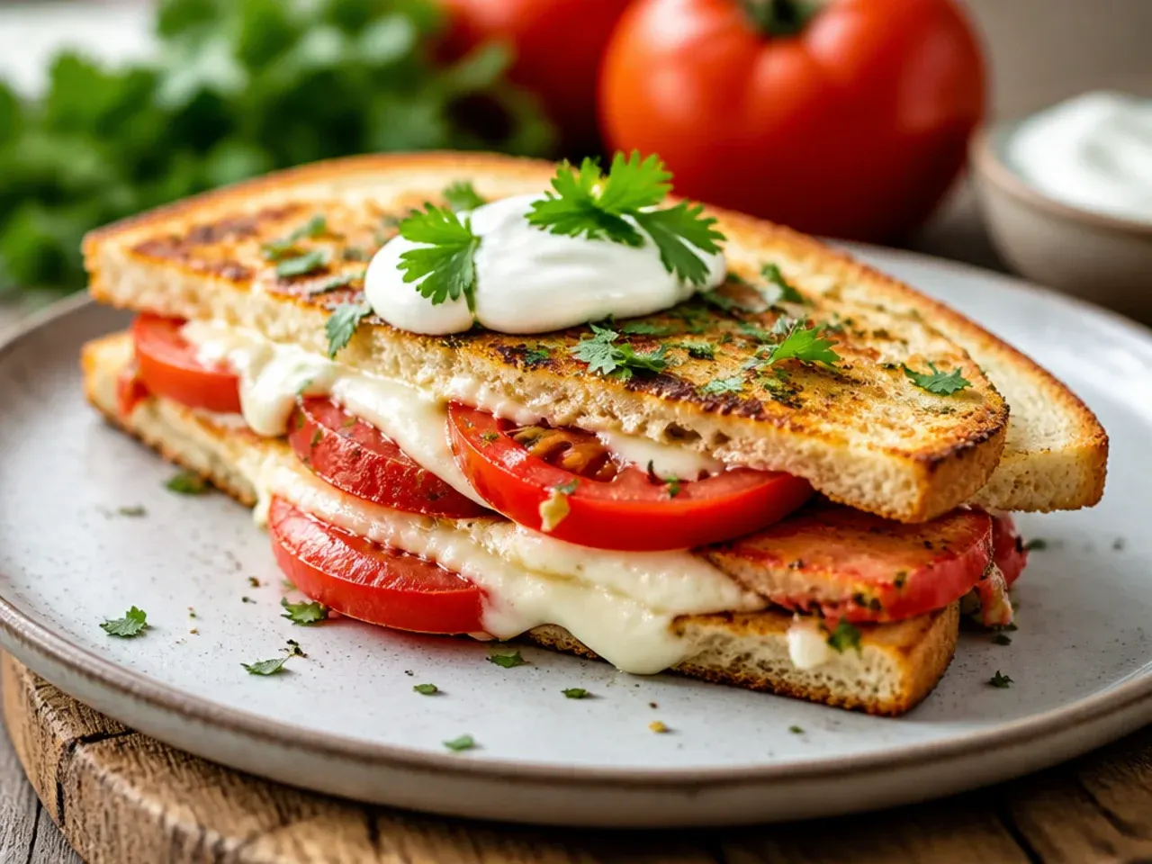A stacked tomato, mozzarella, and basil sandwich cut in half on a wooden board