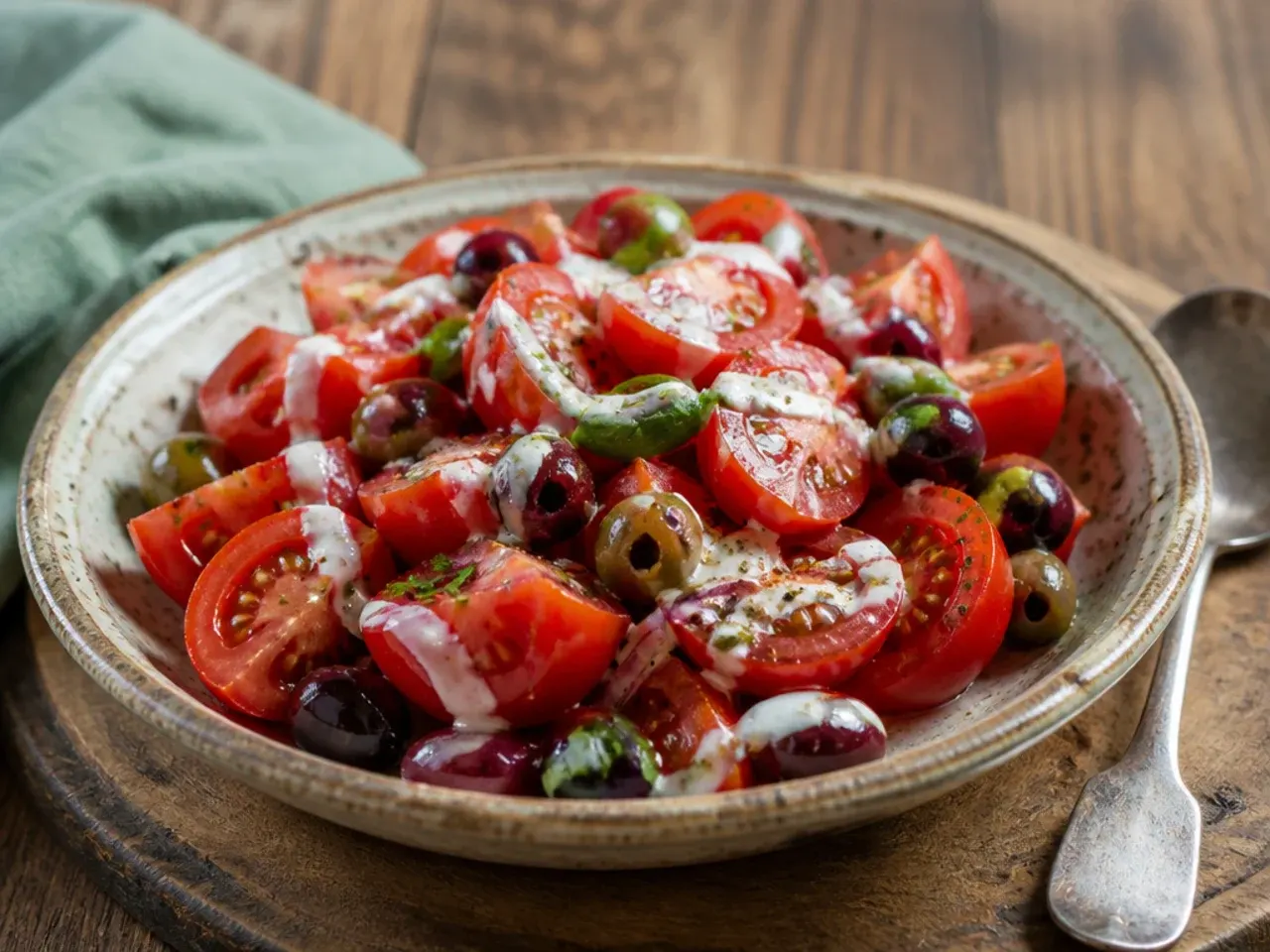 Marinated tomato salad with kalamata olives and crumbled feta in a serving bowl