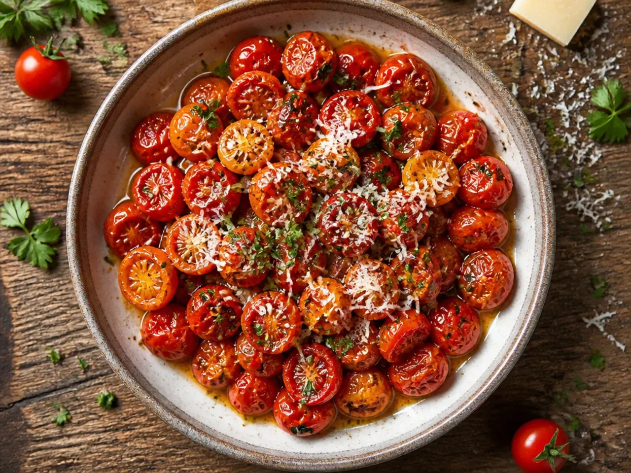 A tray of shrivelled, jammy slow-roasted cherry tomatoes with garlic cloves