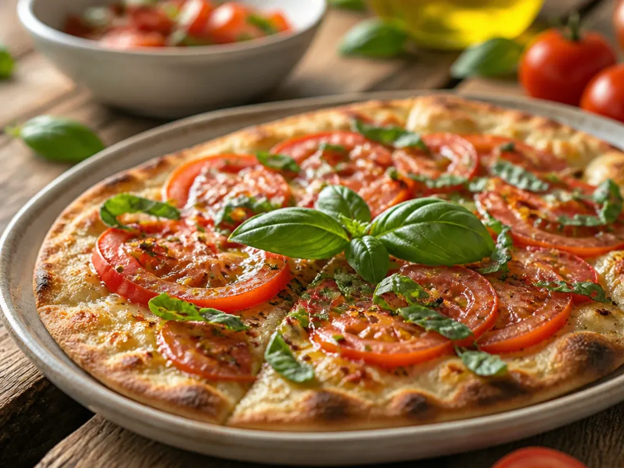 A crisp flatbread topped with thin tomato slices, mozzarella, and fresh basil