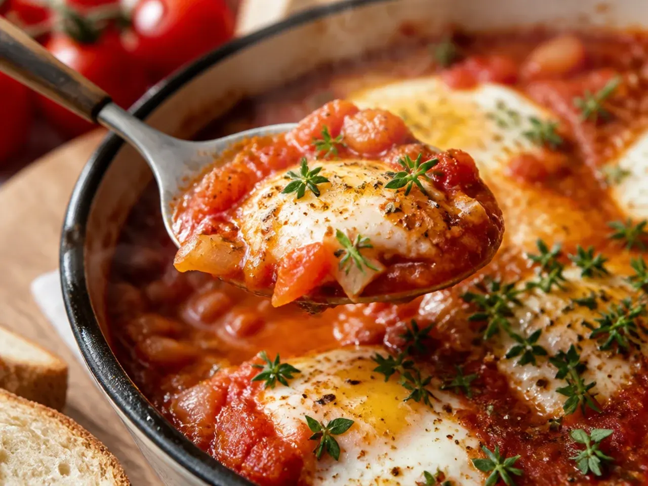 A skillet of shakshuka with poached eggs nestled in a rich fresh tomato sauce
