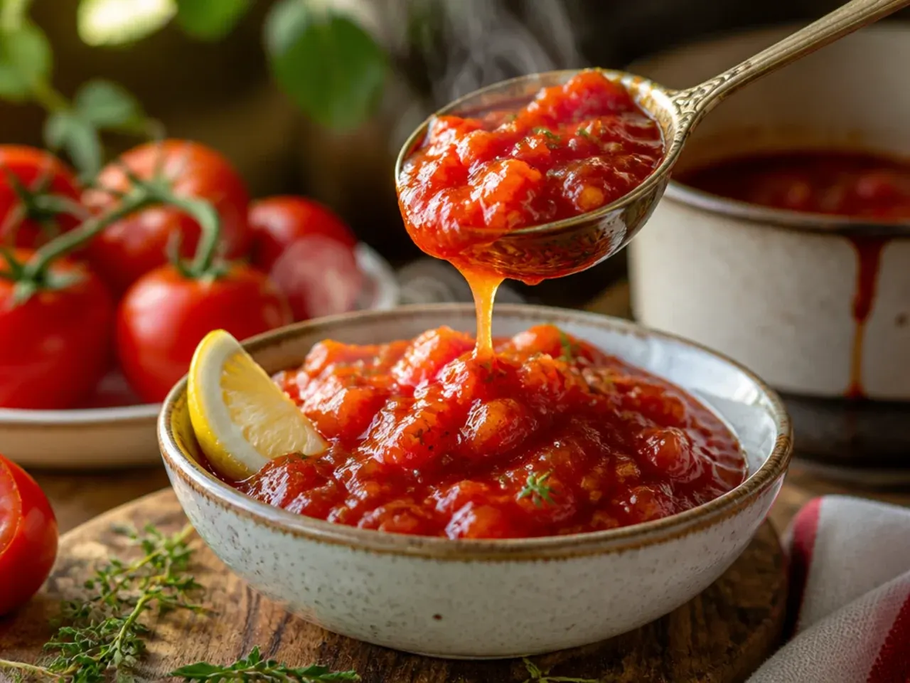A jar of glossy homemade tomato jam with a spoon resting beside fresh bread