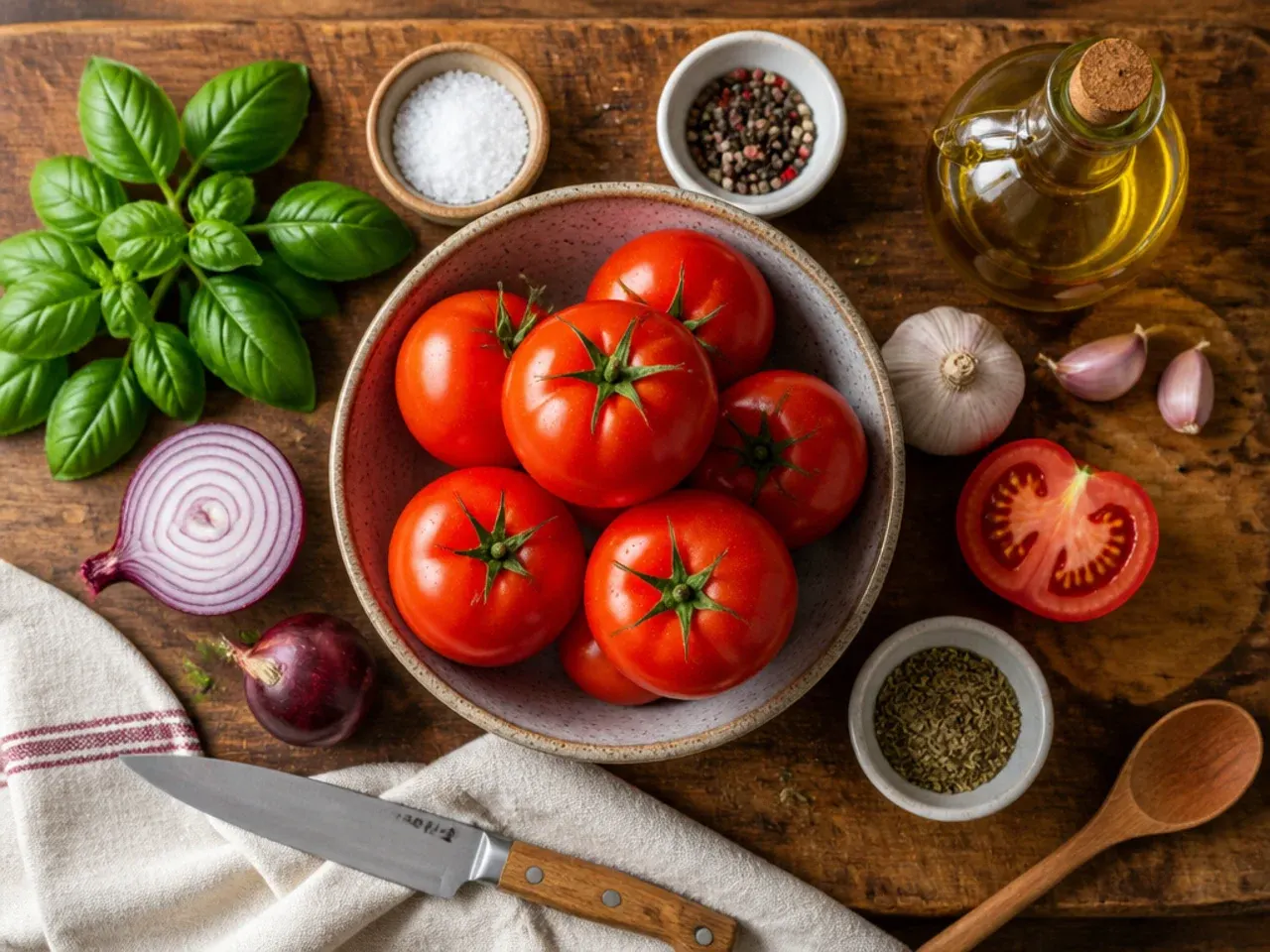 Close-up of a serrated knife slicing a ripe tomato on a wooden chopping board