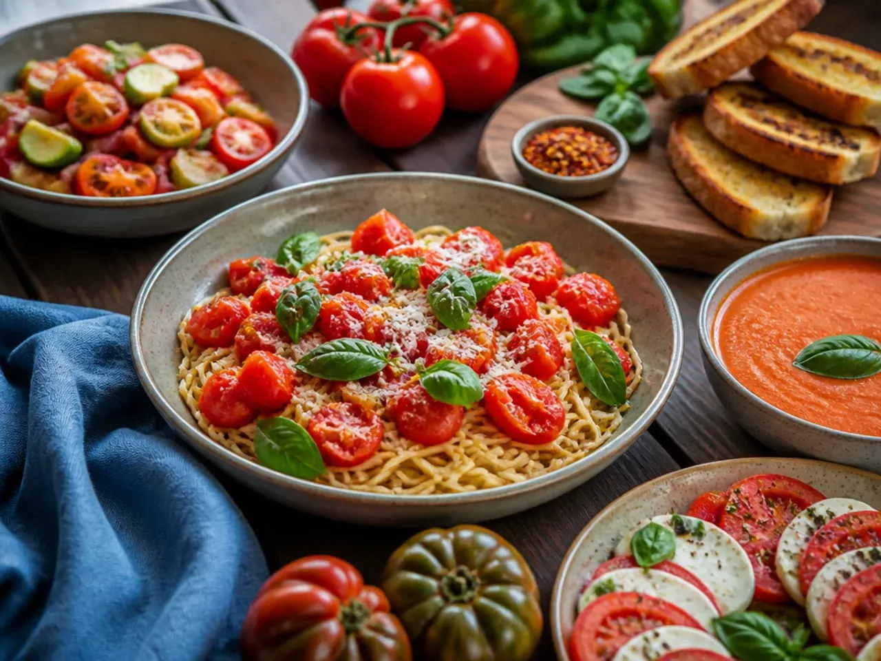 A spread of tomato dishes including bruschetta, skewers, and salad served together