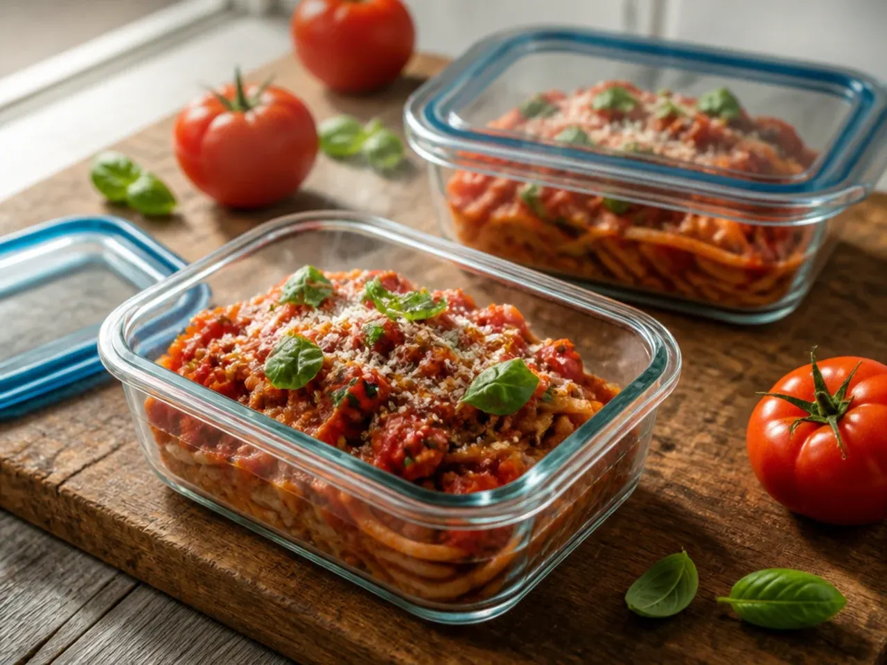 Glass containers of leftover tomato sauce and soup ready to be stored in the fridge