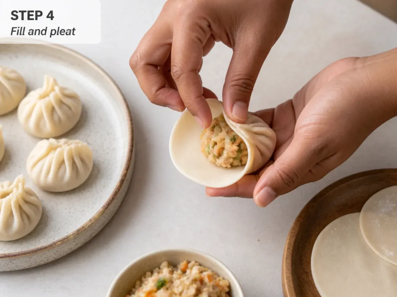fried momos recipe — step 4: fill and pleat