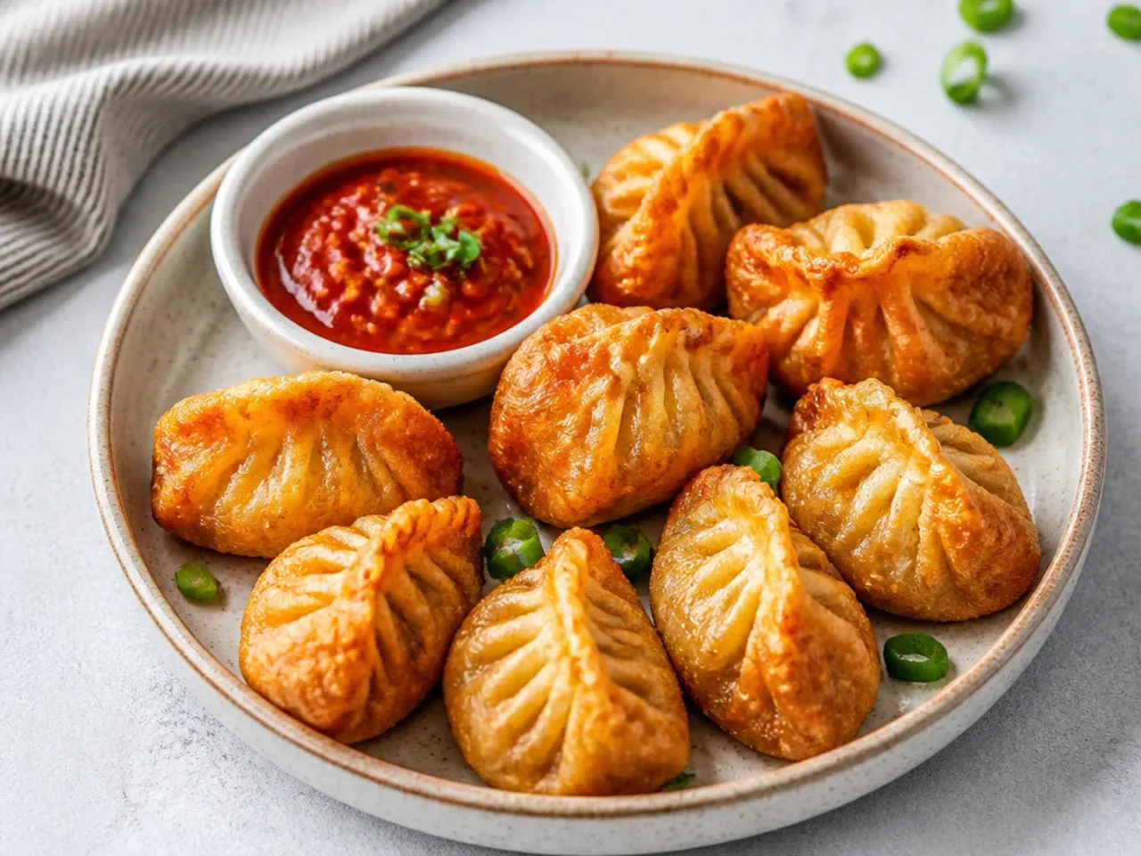 Golden crispy fried momos recipe served with spicy red chutney on a plate