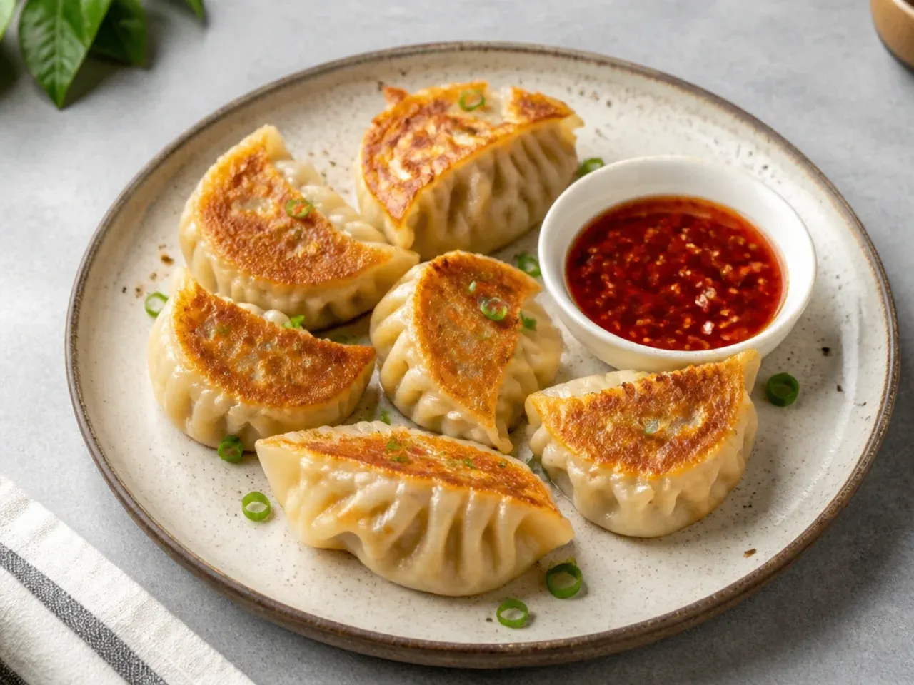 Elegant pan-fried prawn momos recipe with crisp golden bottoms
