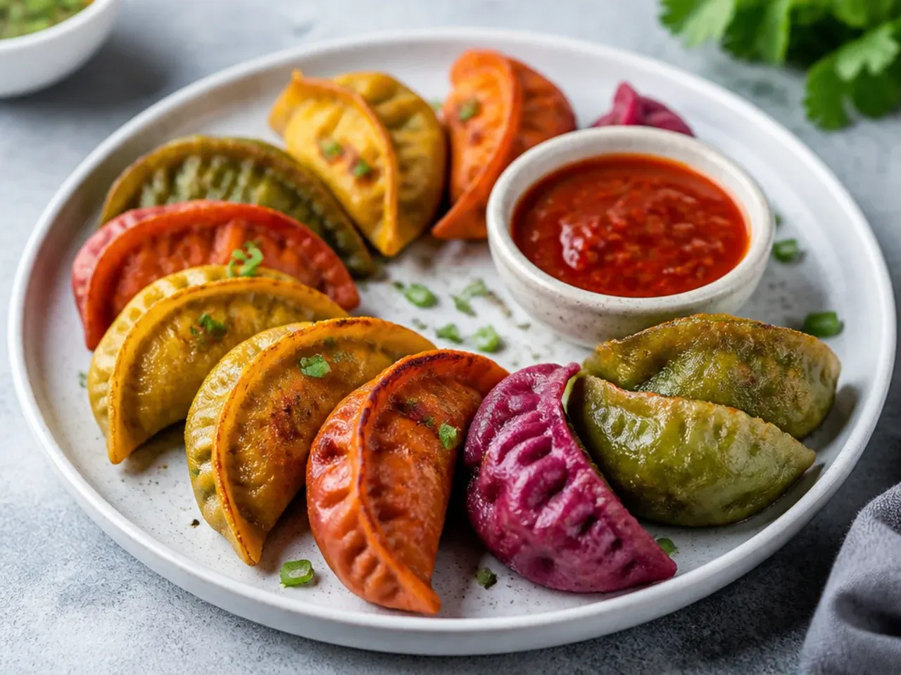 Colorful rainbow fried momos recipe with naturally tinted dough