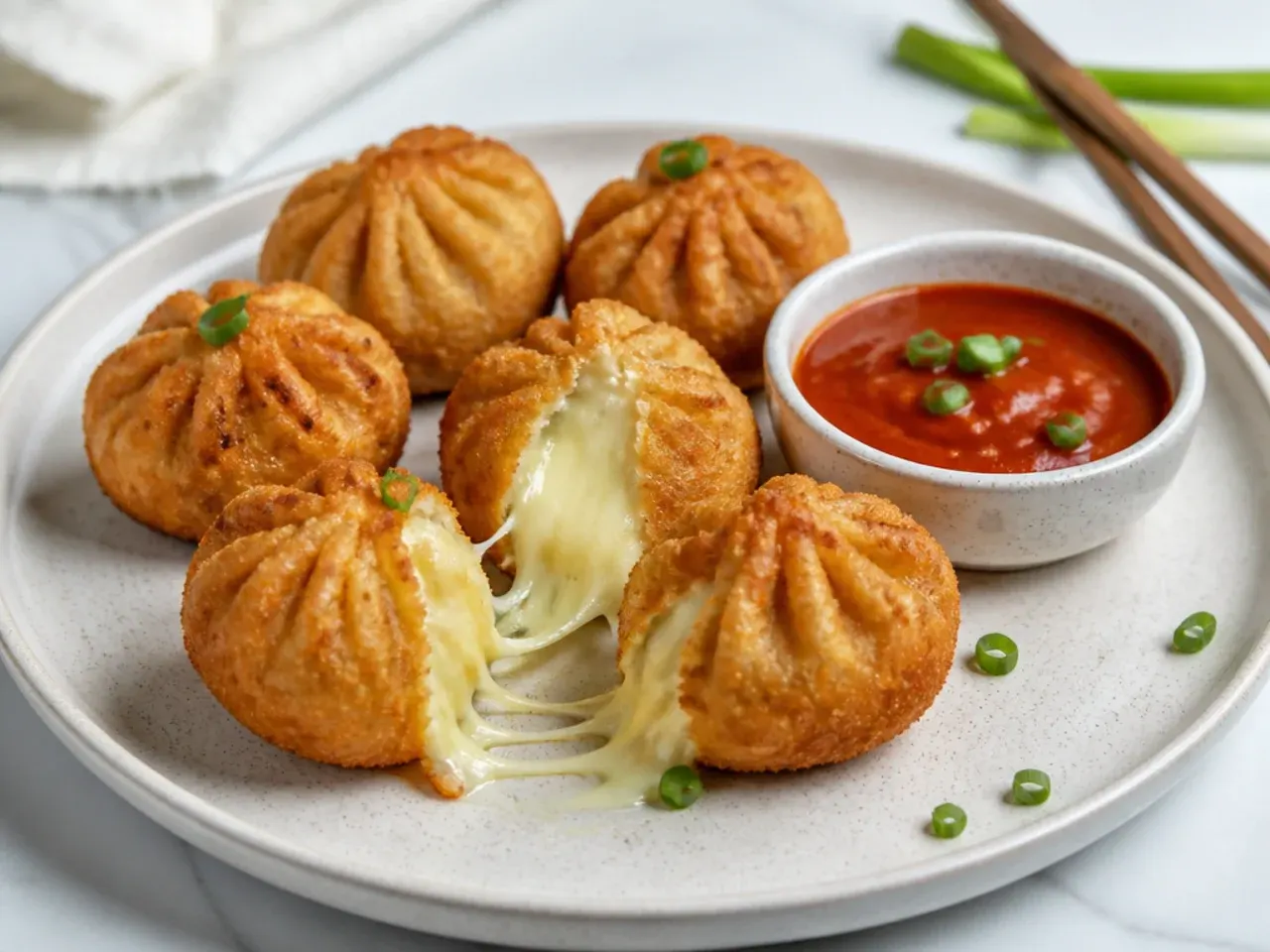 Whimsical cheese-burst fried momos recipe with molten mozzarella centre