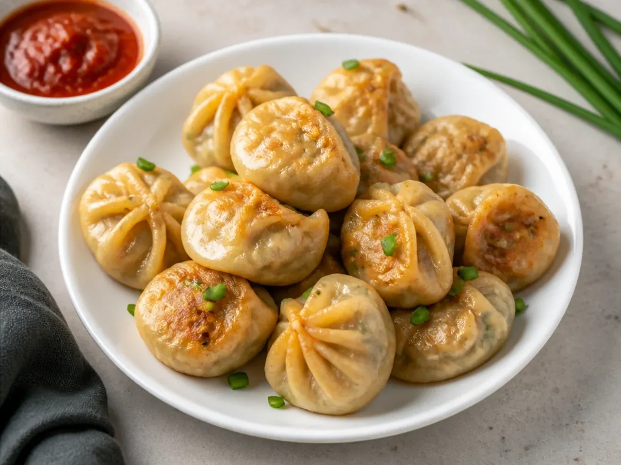 Delicate thin-skinned chicken and chive fried momos recipe