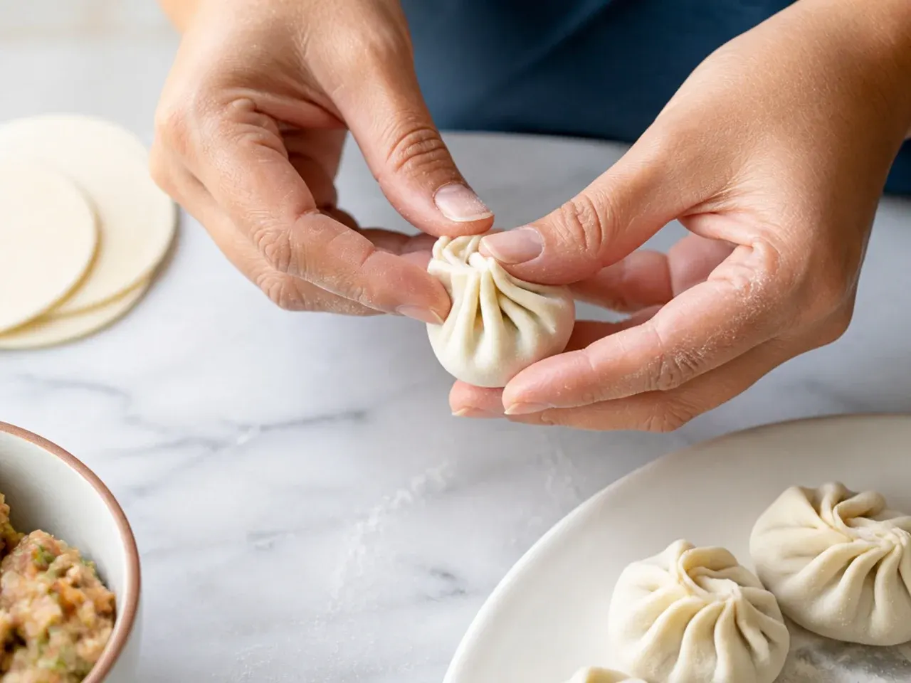 Pleating and sealing fried momos before frying in this crispy momos recipe