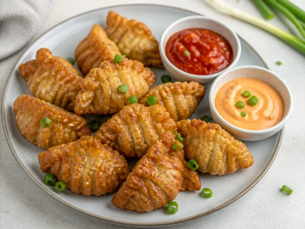 Crispy fried momos recipe served with red chutney and Schezwan mayo dip
