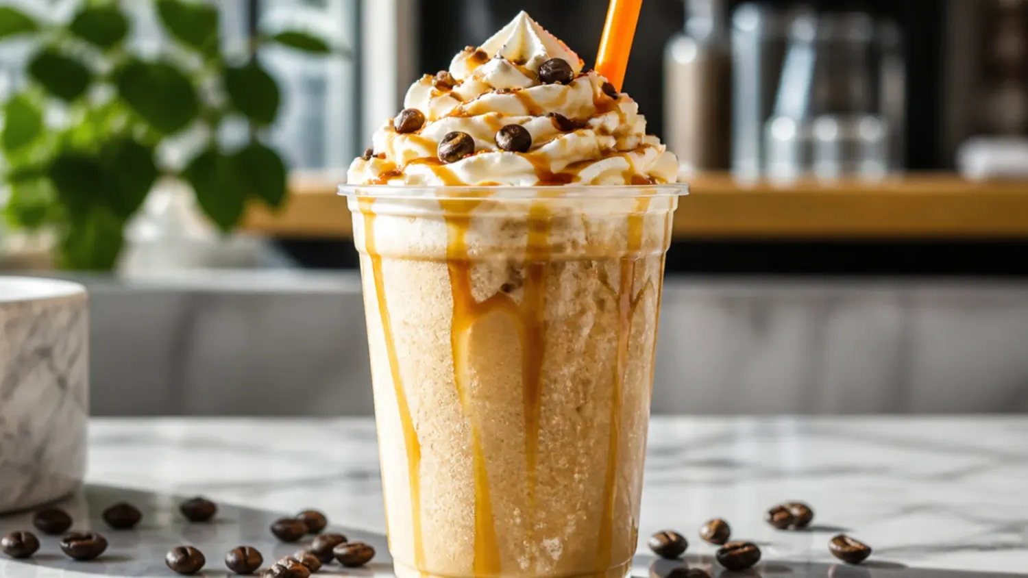 A row of frozen Dunkin-style coffee drinks topped with whipped cream and caramel drizzle in tall glasses with straws