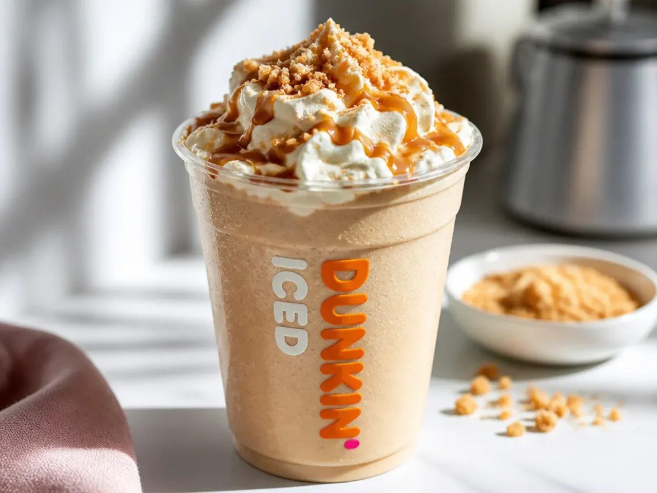 Overhead shot of ingredients for frozen Dunkin drinks including coffee ice cubes, milk, syrup and a blender