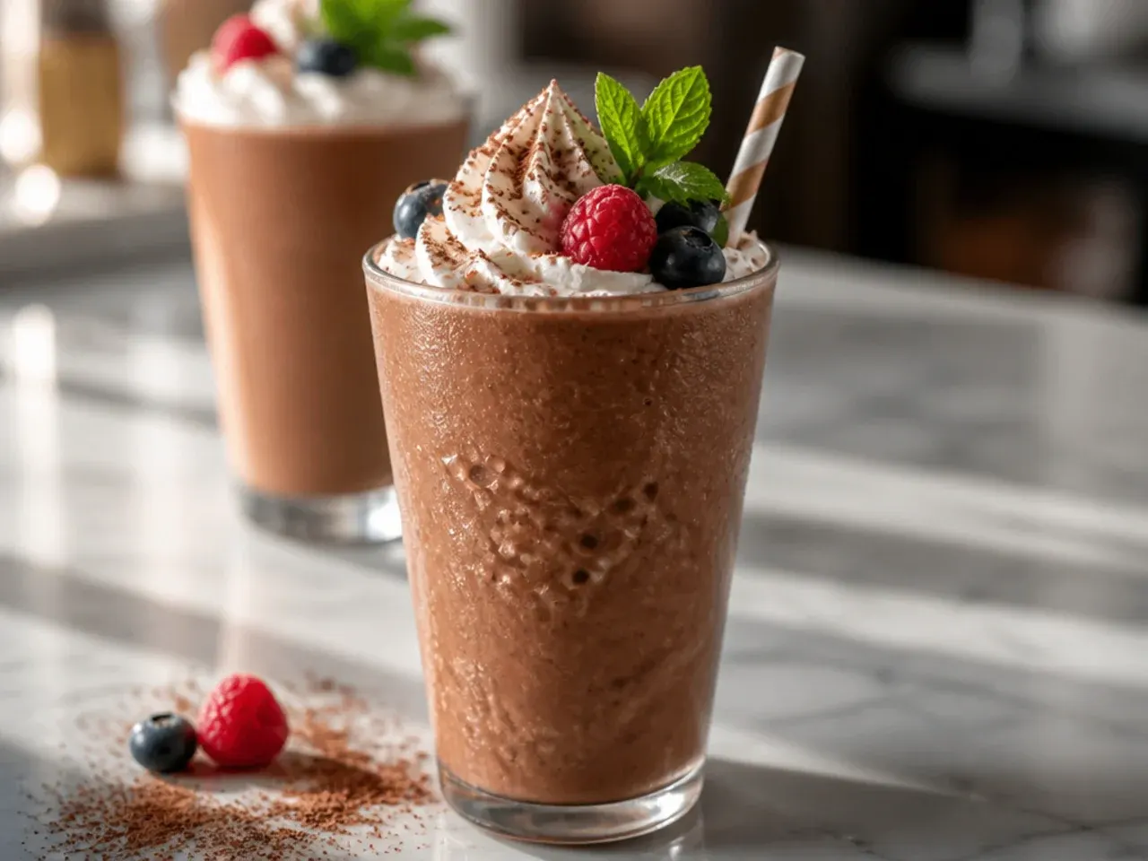 Chocolate mocha frozen coffee drink topped with whipped cream and chocolate drizzle