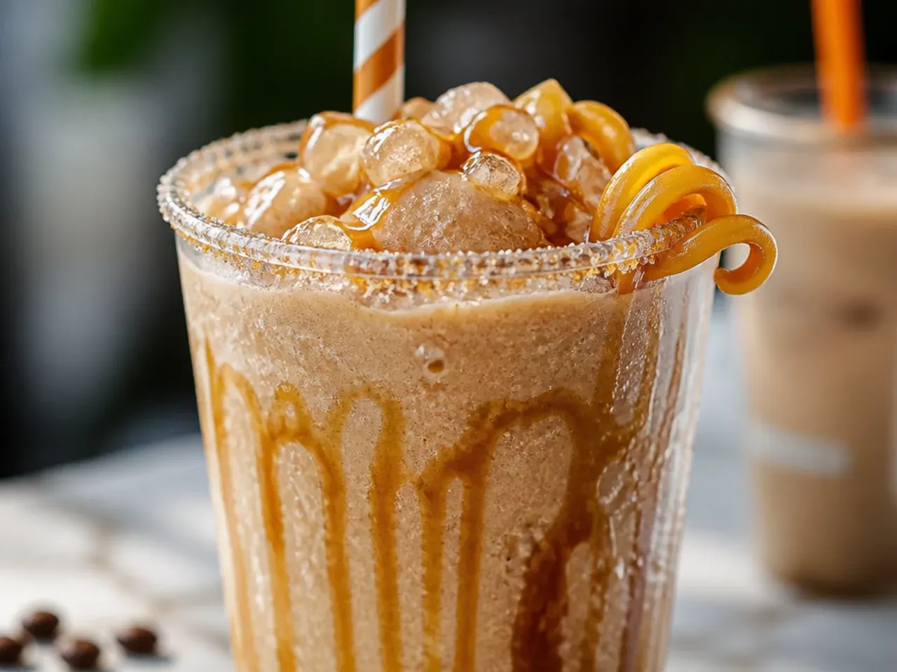 Caramel swirl frozen coffee drink with caramel sauce lining a glass