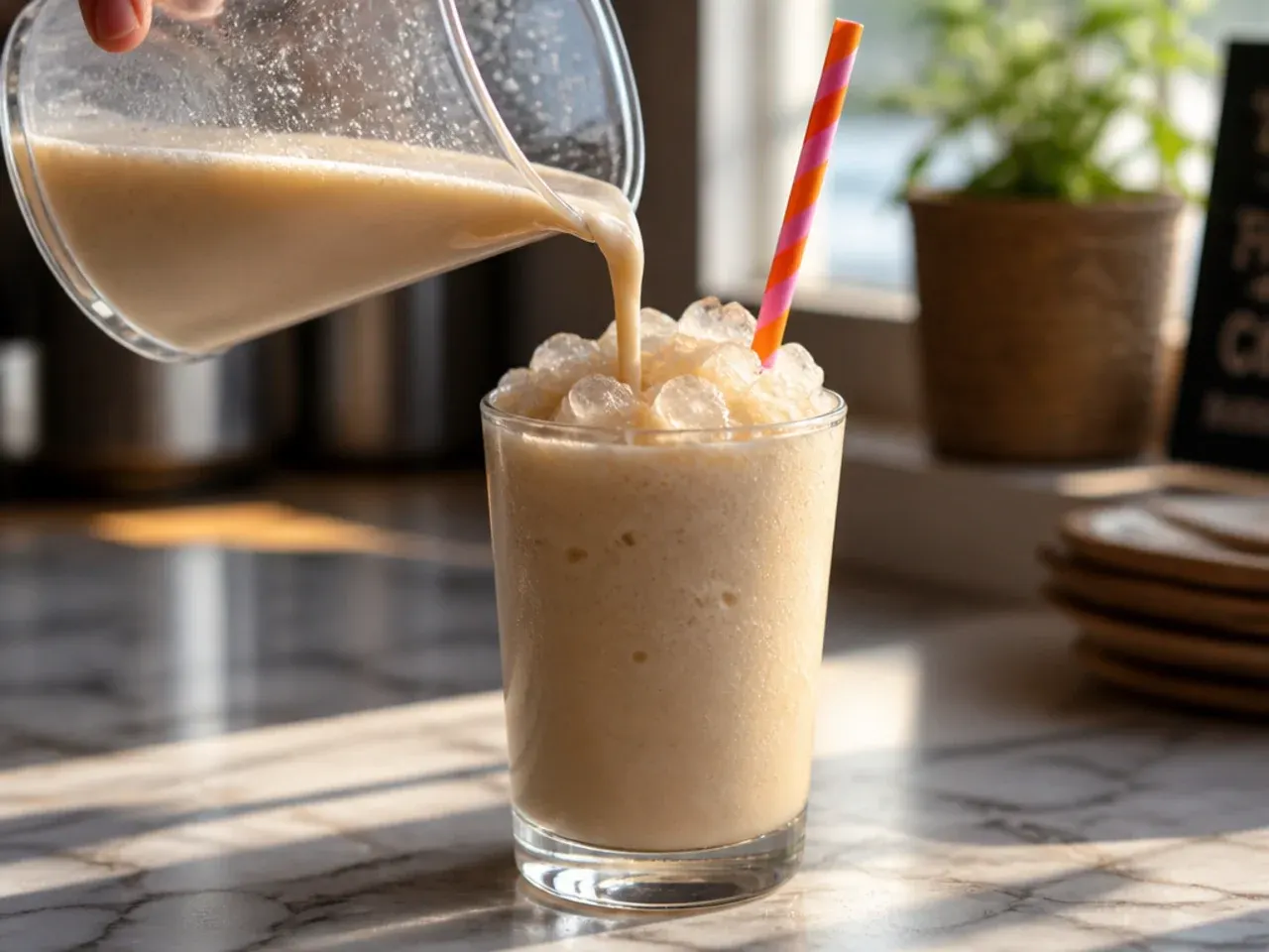 Creamy vanilla bean frozen latte in a glass with visible vanilla bean flecks