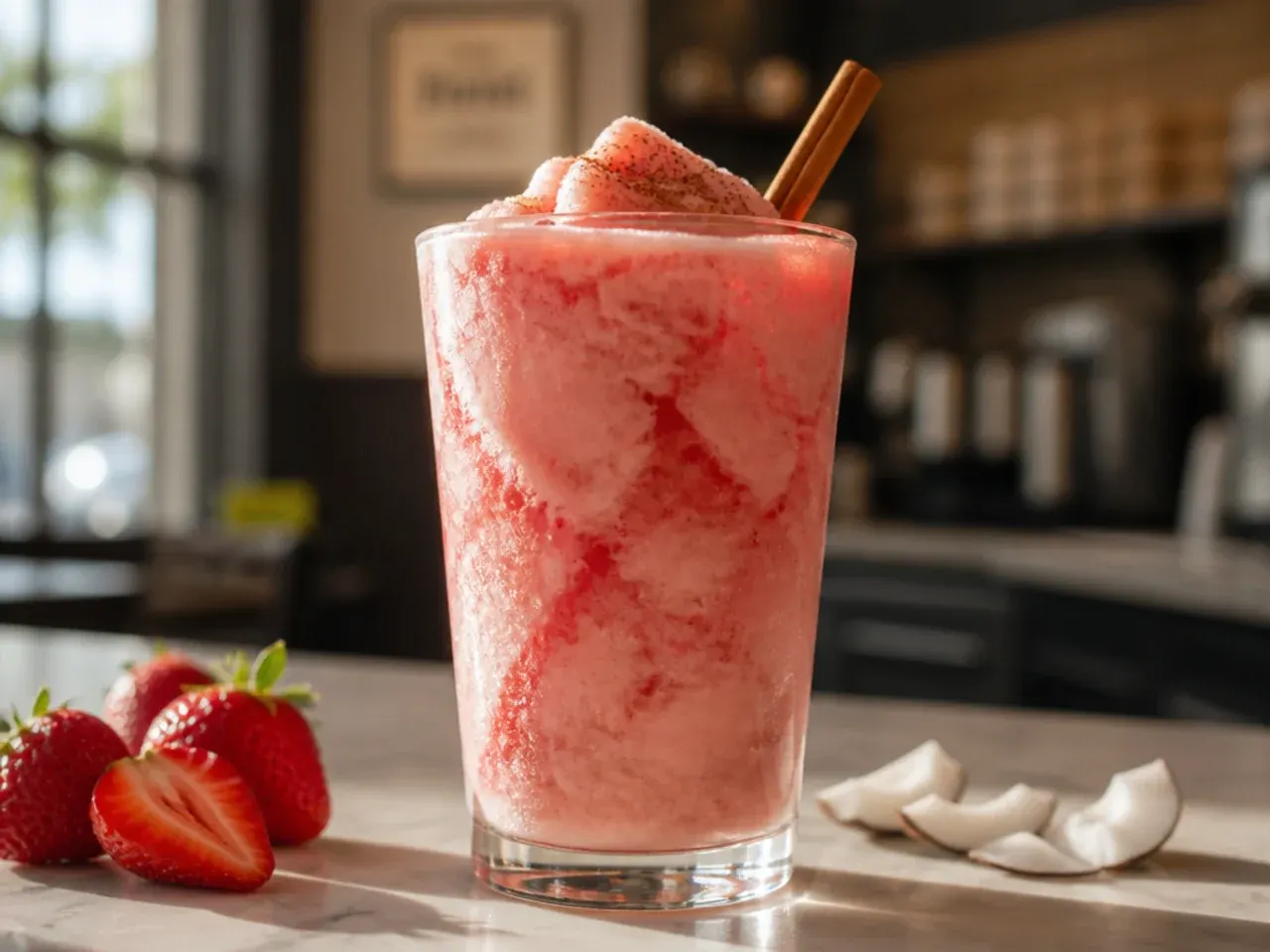 Pink frozen strawberry coconut drink in a glass with fresh strawberry garnish