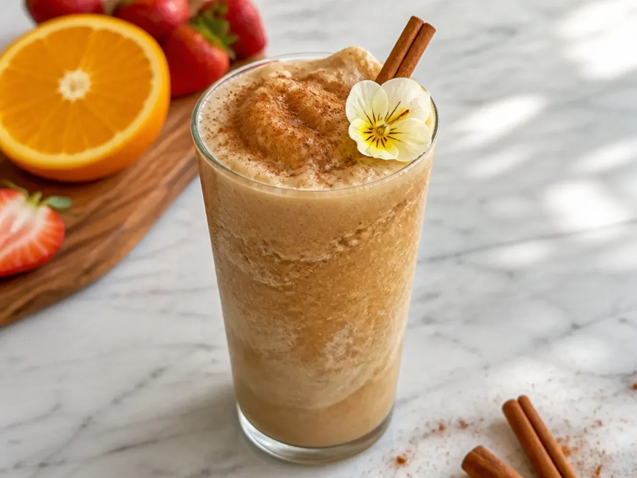 Cinnamon spice frozen coffee drink dusted with cinnamon and a cinnamon stick garnish