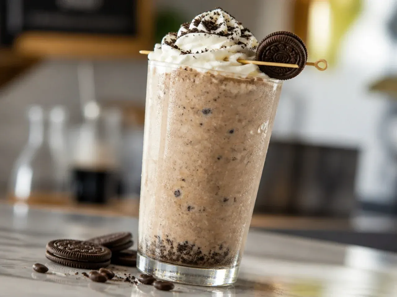 Cookies and cream frozen coffee drink topped with crushed chocolate biscuit crumbs