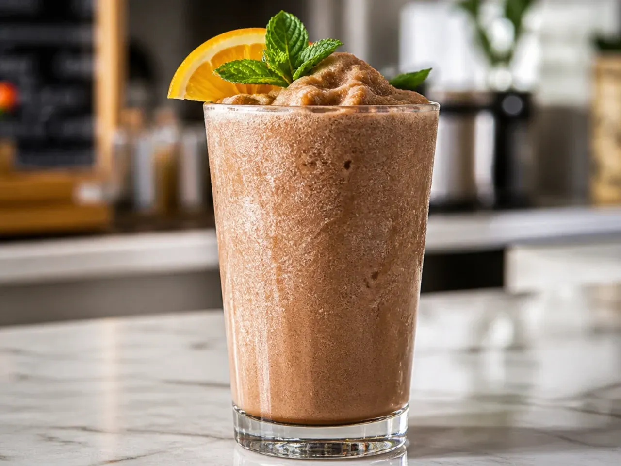 Iced mocha freeze drink showing two distinct textured layers in a glass