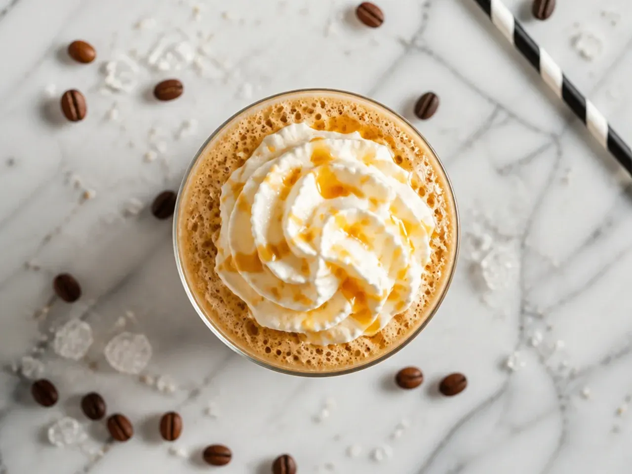 Quick and easy frozen vanilla coffee drink in a glass with a straw