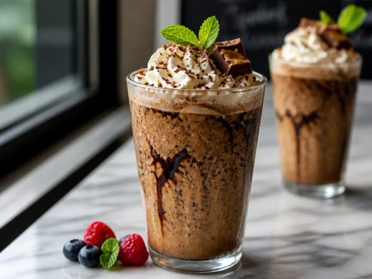 Peanut butter cup frozen mocha drink topped with whipped cream and chopped candy