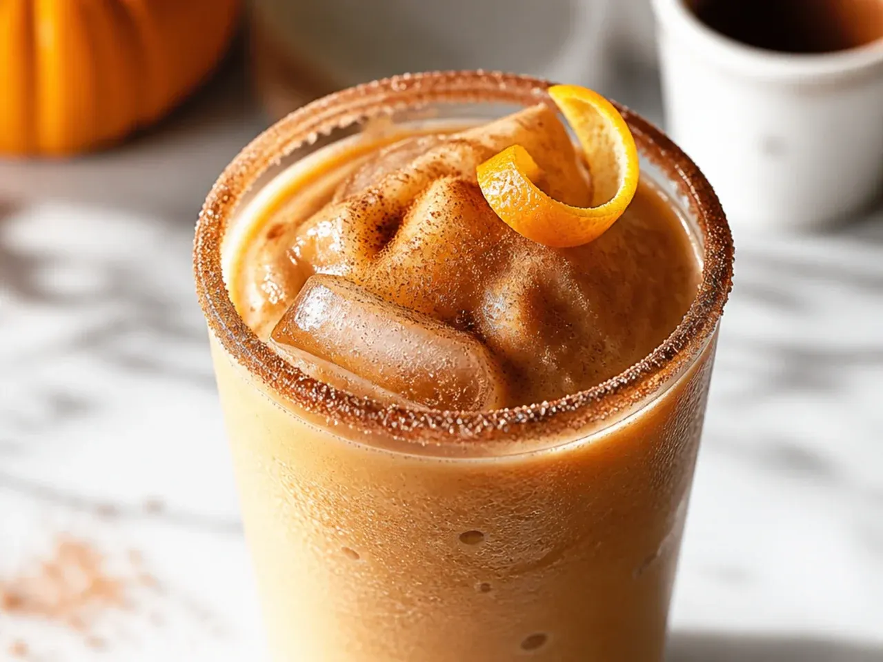Spiced pumpkin frozen coffee drink topped with whipped cream and pumpkin spice