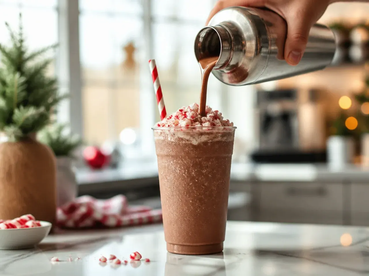 Festive peppermint mocha freeze drink topped with crushed candy cane